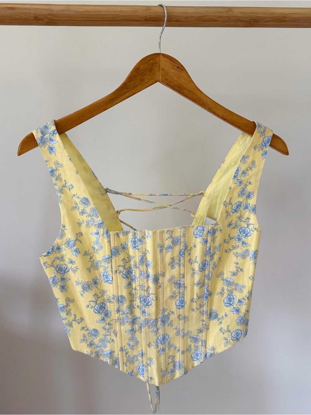 NWT Yllw Yellow The Label Andie Linen Floral Corset Tank Top in Yellow/Blue - S - Picture 5 of 6